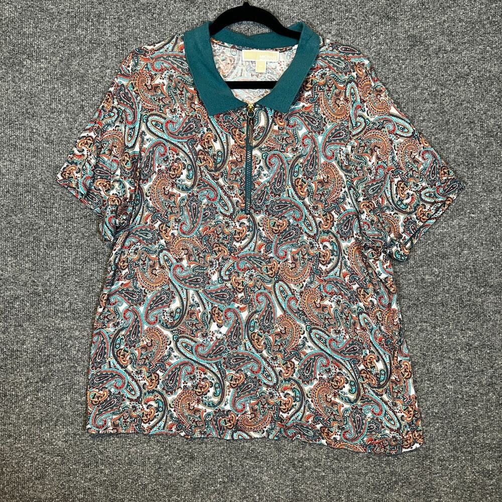 Michael Kors Shirt Womens 2X XXL Paisley Short Sleeve Collared Stretch Plus Size